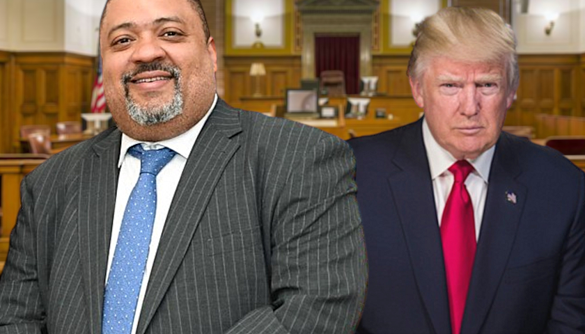 Alvin Bragg and Donald Trump in a courtroom (composite image)