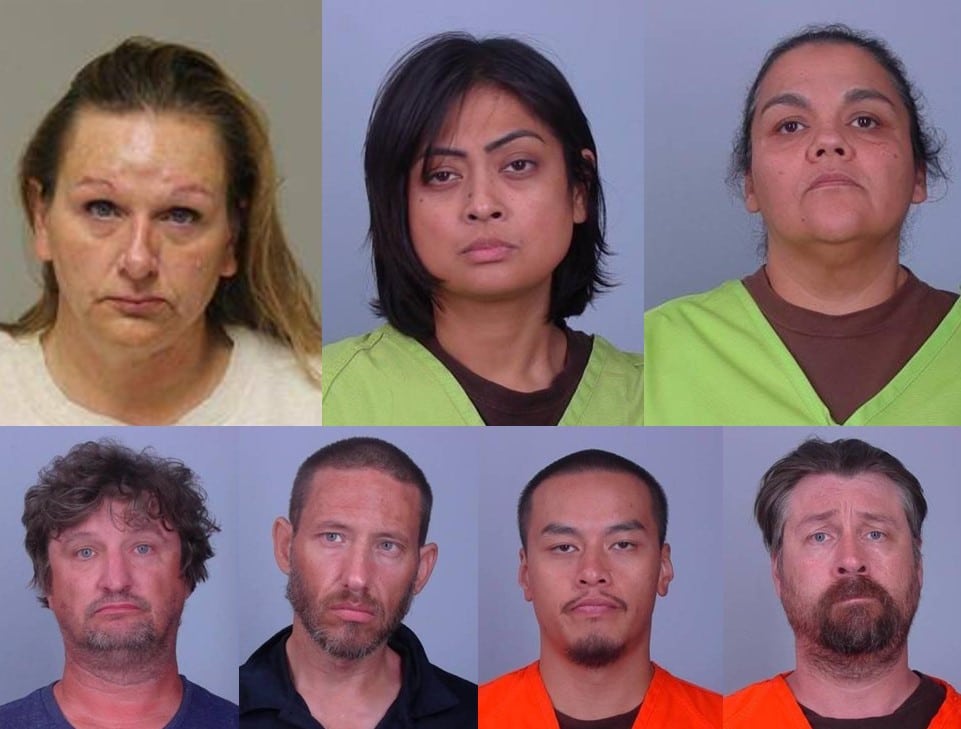 op L-R: Shawnette Lynn Andreasen, Vin Chanry, Breezie Lynn Pena. Bottom L-R: James Joseph Graczyk, Joseph Allen Pappenfus, Jimmy Thithavong, Aaron Michael Teadt (Anoka and Sherburne County jails)