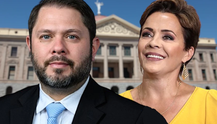 Ruben Gallego and Kari Lake in font of Arizona state capitol building (composite image)