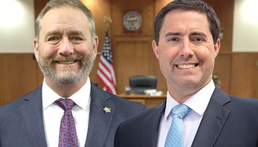 Dave Yost and Frank LaRose in a courtroom (composite image)