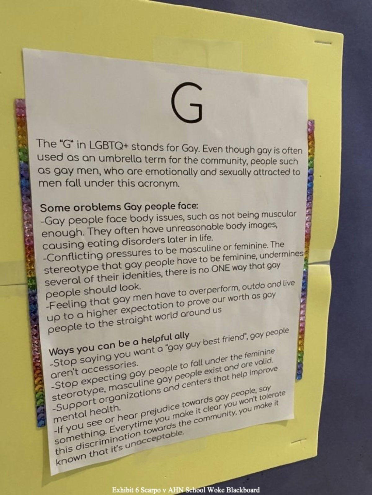 “G” poster on display at the Academy of the Holy Names. Courtesy of Adam Levine from the lawsuit exhibits.