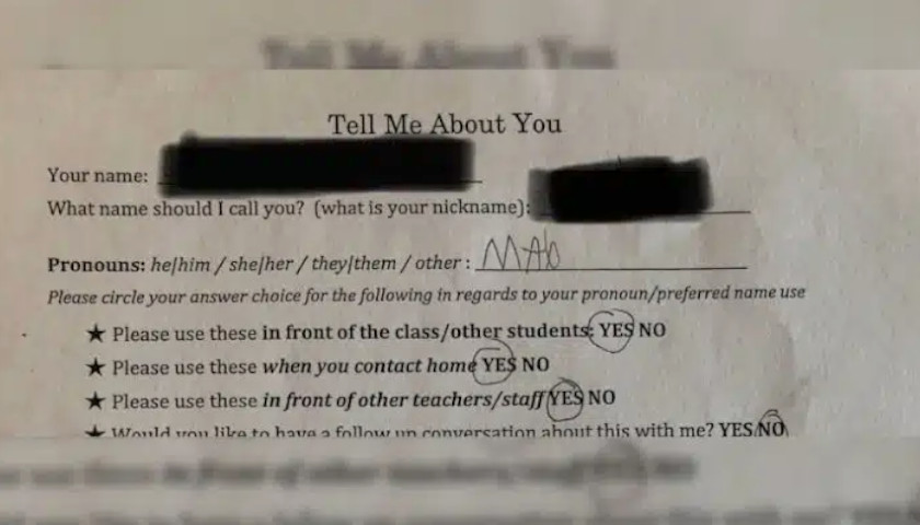 Minnesota Teacher Asks Students If Preferred Name and Pronouns Should Be Used When Contacting Home