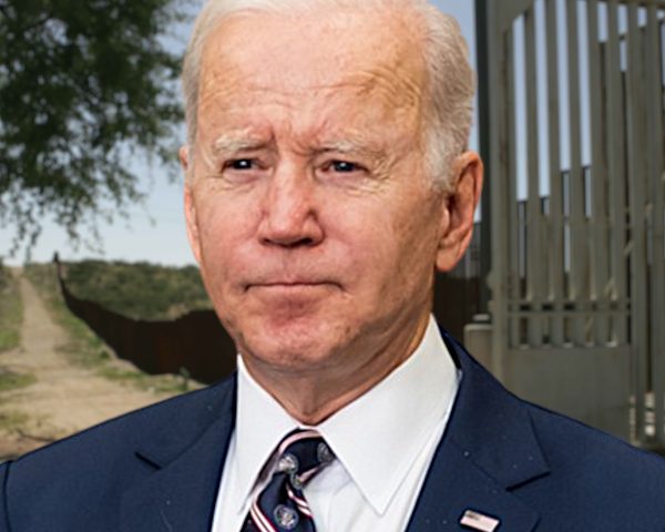 President Biden in front of a border gate (composite image)