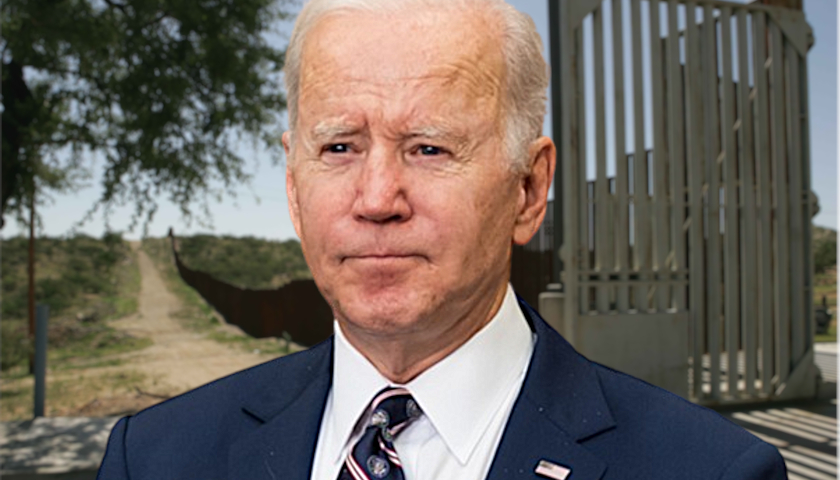 President Biden in front of a border gate (composite image)